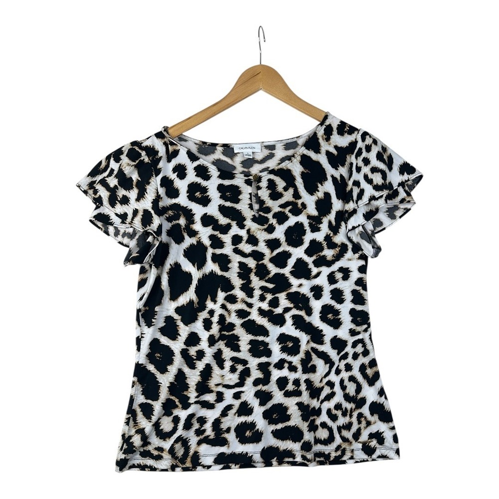 Calvin Klein Animal Print Stretch V-neck Blouse size Large Black/Beige